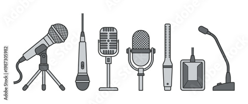 Illustrative vector set showcasing diverse microphone types for audio recording, podcasting, broadcasting, and professional communication concepts. Clean and versatile.
