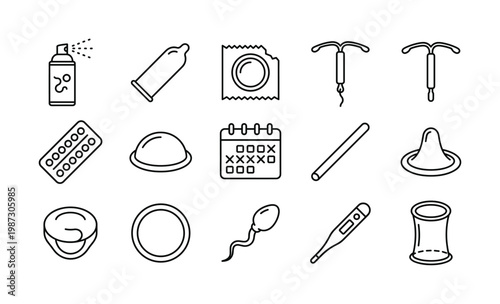Comprehensive vector set of birth control and sexual health icons. Perfect for medical, educational, and family planning designs. Clean, informative style.
