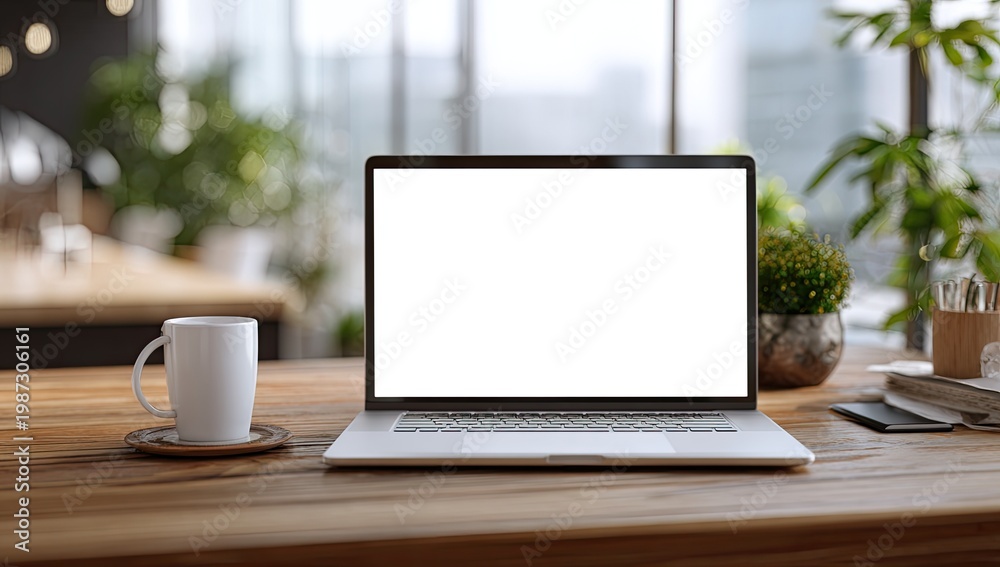 Fototapeta premium Modern laptop on wooden desk with coffee, plants, city view