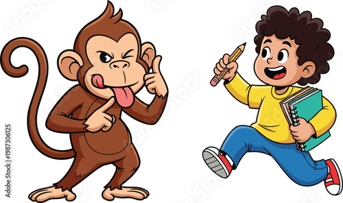 Funny Cartoon Naughty Monkey Holding Pencil and Happy School Boy Running with Notebook and Pencil Vector Illustration Set
