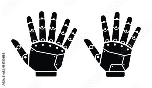 Two black silhouette robot hands showcasing advanced AI and automation. Ideal for technology, future, and prosthetic design projects. Simple, modern vector graphic.