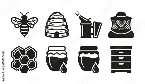 Set of flat black vector icons depicting beekeeping tools, honey products, and a bee. Ideal for agriculture, food, natural product branding, web, and app designs.