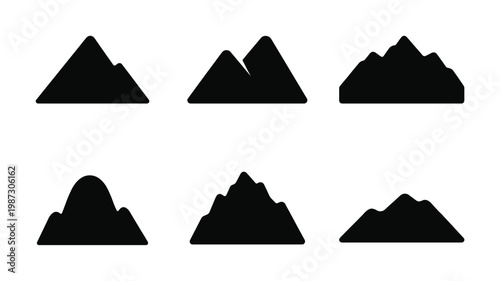 Minimalist vector set of six distinct black mountain range silhouettes on white. Ideal for nature, travel, adventure, and outdoor-themed designs, logos, or apps.