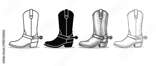 Versatile collection of cowboy boot illustrations with spurs in line art, silhouette, engraved, and sketch styles. Ideal for western themes, branding, and design projects.