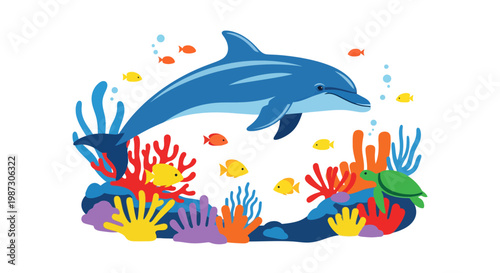 Vibrant Dolphin Breaching Above Coral Reef Scene with Tropical Fish and Sea Turtle