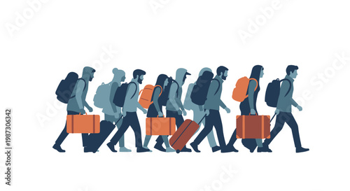 Group of diverse travelers with backpacks and luggage walking in a line, representing migration or vacation