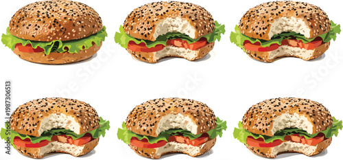 Realistic Sesame Seed Bagel Sandwich with Lettuce, Tomato, and Cream Cheese Showing Different Bite Stages Vector Illustration Set