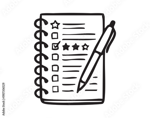 Checklist notebook with pen and checkboxes, rating stars, selected items, neat handwriting, productivity mood, goal setting, remote work efficiency, daily routine, prioritization, habit tracking