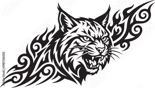 Tribal bobcat tattoo design with tribal flames predator aggression illustration ornament abstract stylized monochrome aggressive