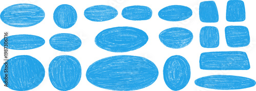 Hand drawn crayon boxes. Blue pastel colored round and square frames in kid doodle style