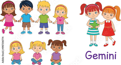 Cute Cartoon Diverse Kids Group Standing and Sitting Together with Gemini Twins Girls Holding Book Character Vector Illustration Set