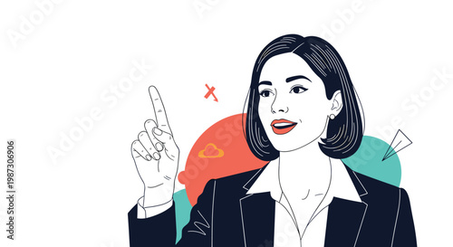 Modern illustration of a confident businesswoman in a suit pointing her finger up while explaining a concept or idea.