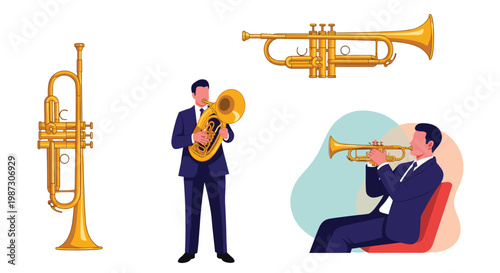 Musical illustration of professional musicians in suits playing the trumpet, tuba, and cornet against a clean white background.