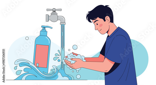 Young man washing his hands with soap and water from a tap to maintain personal hygiene and prevent the spread of germs.