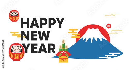 Traditional Japanese style Happy New Year greeting featuring Mount Fuji, a rising sun, daruma dolls, and kadomatsu decorations.