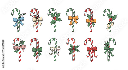 Set of decorative Christmas candy canes with colorful ribbons, bows, and holly leaves isolated on a white background.