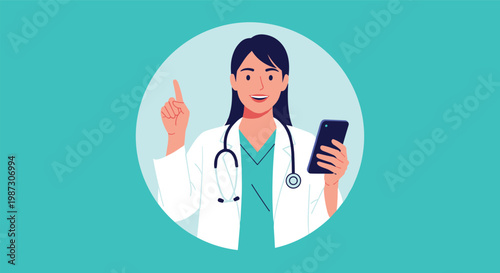 Smiling female doctor in white coat with stethoscope holding a smartphone and pointing up for medical advice or health app.