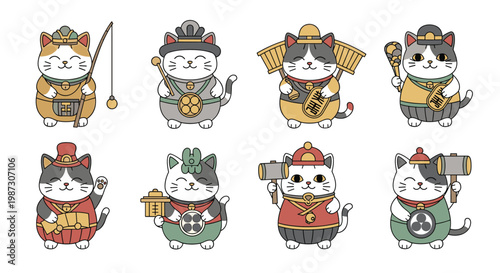 Collection of eight adorable maneki-neko or lucky cat characters dressed in various traditional Japanese folk costumes and props.