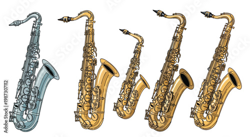 Set of five saxophone musical instruments in various gold and silver finishes showing different sizes and detailed designs.