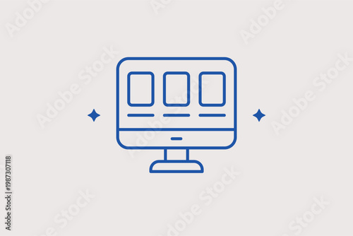 Monitor with multiple windows line icon for multitasking and browser layout management. Structured Vector Illustration for productivity dashboards and professional workstation setups.