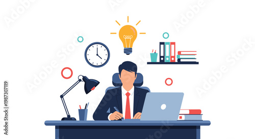 Professional businessman working at his desk with a laptop and documents while a bright light bulb idea shines above him.