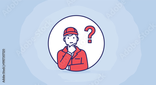 Outline illustration of a male worker in a red uniform and cap thinking with a question mark icon inside a circle on blue.