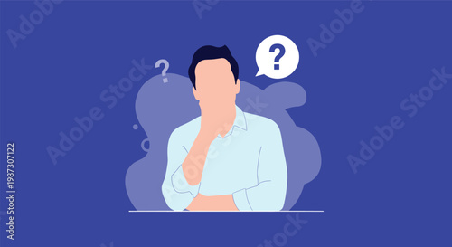 Silhouette of a pensive man in a light blue shirt thinking with a question mark in a speech bubble on a dark blue background.