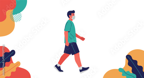 Young man in a green shirt and shorts wearing a face mask while walking against a colorful abstract leaf background.