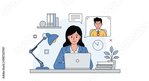 Young woman in a blue suit working at her desk with a laptop and participating in a video call with a male colleague.