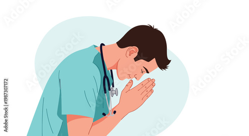 Male doctor in medical scrubs bowing his head and praying with hands joined together against a light blue circle background.
