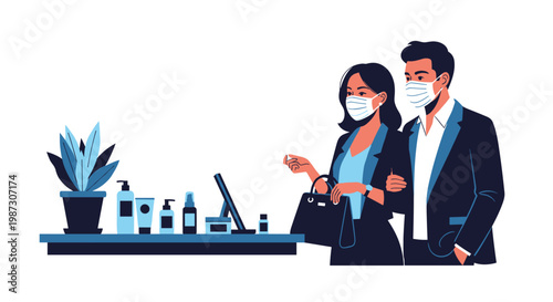 Stylish couple wearing face masks while looking at various cosmetics and skincare products on a blue counter with a plant.