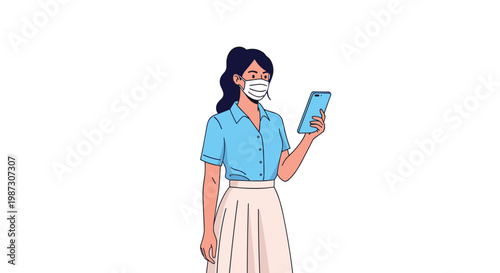 Young woman wearing a medical face mask and checking her smartphone while standing against a white background.