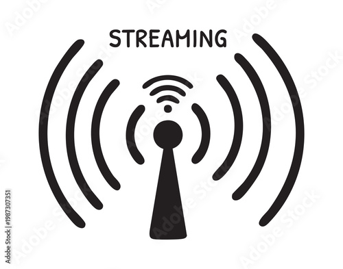 Streaming broadcast icon radiating signal waves, minimalist black antenna silhouette surrounded by concentric arcs, evokes real time connectivity, podcasting, radio, network transmission, remote