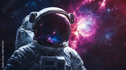 Close-up of astronaut helmet reflecting colorful galaxy