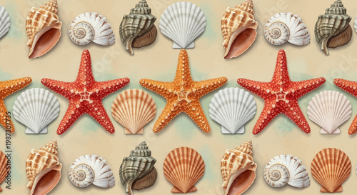 Seamless pattern of marine life with starfish and various seashells on a sandy background, perfect for summer decor