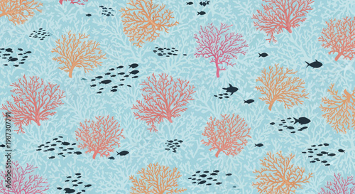 Seamless underwater pattern featuring vibrant coral formations and schools of small fish in a tranquil aquatic habitat
