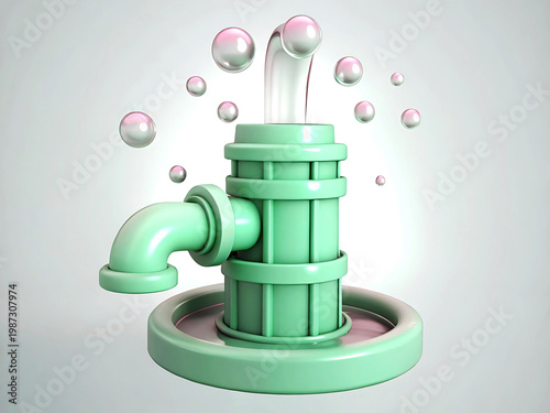 Green Faucet Spraying Water With Bubbles On vector illustration White Background image photo