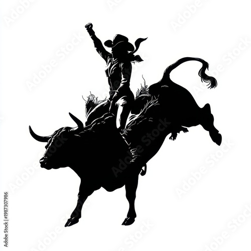 Silhouette of a cowgirl riding a bull.