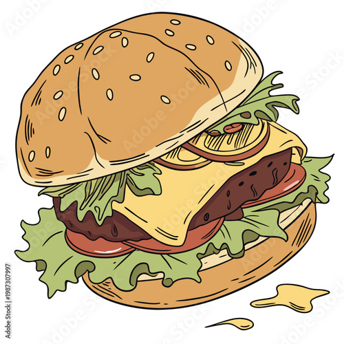 Burger with lettuce and cheese isolated on white background vector illustration