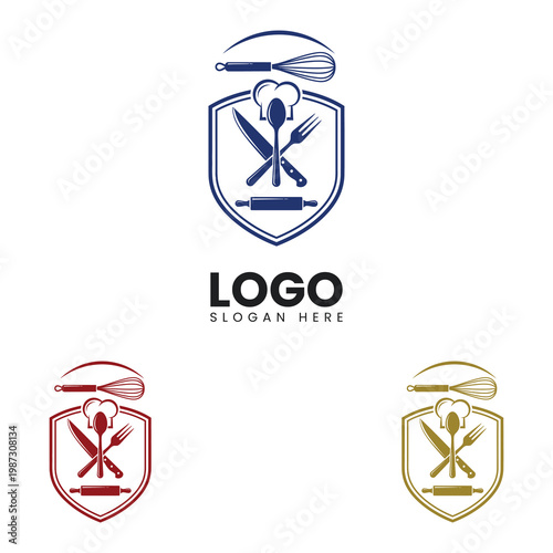Chef hat and kitchen utensils shield for cooking and bakery branding