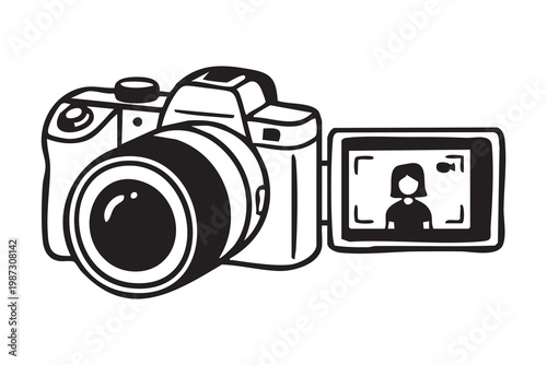 Dslr camera with flip screen showing subject preview, photographer framing portrait subject for live review, large fast lens in foreground, studio lighting and shallow depth, camera controls and LCD