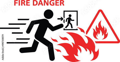 Fire danger warning sign with stick figure running towards exit emergency evacuation during a burning danger situation for safety.