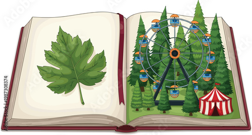 Creative Open Book with Green Maple Leaf and Pop Up Amusement Park Ferris Wheel Circus Tent Pine Trees Fantasy Vector Illustration