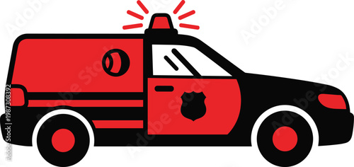 Police car, emergency vehicle, law enforcement, patrol car with flashing lights, security and crime.