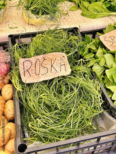 products sold at the market, fresh vegetables, green vegetables, brine, agretti, monk's beard, sea green for eating