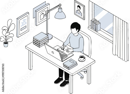 Isometric Line Art Illustration of a Man Working on Laptop at Home Office Desk with Books and Plant