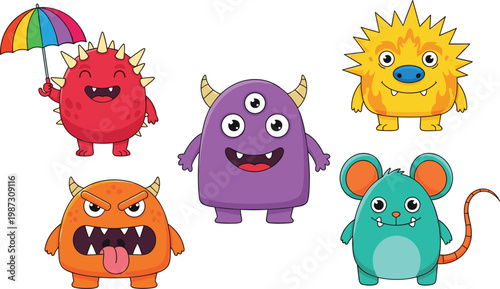 Adorable Colorful Cartoon Monster Set with Three-Eyed Purple Creature, Spiky Red Monster with Rainbow Umbrella and Angry Orange Beast Vector Illustration