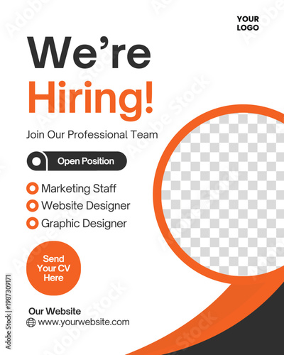 A vibrant job recruitment flyer with an orange and black design on a white background, featuring a call to action to join a professional team.