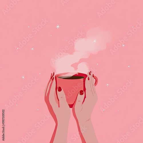 Delicate hands cradle a steaming pink mug against a soft, sparkling background