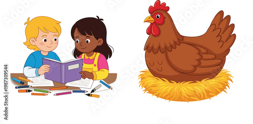 Cute Cartoon Kids Reading Book Together and Hen Sitting on Straw Nest Farm Education Vector Illustration Set